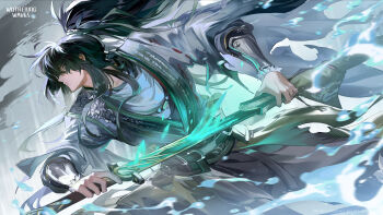 1boy abs absurdres black_hair black_pants character_name collarbone commentary drawing_sword english_commentary english_text grey_eyes highres holding holding_sheath holding_sword holding_weapon katana logo long_hair male_focus meditation muscular muscular_male official_art pants ponytail qiuyuan_(wuthering_waves) scabbard sheath shirt sitting solo sword water waterfall weapon white_shirt wuthering_waves