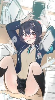 1girl aqua_necktie armband arms_up ayane_(blue_archive) black_hair black_skirt black_socks blue_archive blue_necktie blush book brown_eyes collared_shirt fallen_down flower glasses hair_between_eyes hair_flower hair_ornament halo headset highres holding id_card jacket kneehighs long_sleeves looking_at_viewer necktie open_clothes open_jacket panties pleated_skirt pointy_ears red-framed_eyewear school_uniform shirt short_hair sitting skirt socks solo sweat sweater_vest twitter_username underwear uo_o_sto white_panties white_shirt yellow_sweater_vest