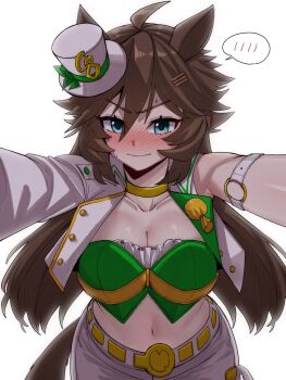 1girl 7a_(se7ena) ahoge animal_ears arm_strap asymmetrical_jacket blue_eyes blush breasts brown_hair choker cleavage closed_mouth collarbone commentary commission cowboy_shot cropped_jacket green_shirt hair_between_eyes hair_ornament hairclip hat highres horse_ears horse_girl horse_tail jacket large_breasts long_hair looking_at_viewer midriff mini_hat mini_top_hat mr._c.b._(clear_bliss)_(umamusume) mr._c.b._(umamusume) navel o-ring o-ring_arm_strap pants parallel_hairclips shirt simple_background single_bare_shoulder single_sleeve solo speech_bubble spoken_blush strapless strapless_shirt sweat tail top_hat umamusume v-shaped_eyebrows white_background white_jacket white_pants yellow_choker