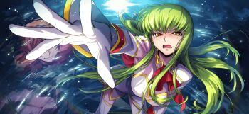 1girl apron blush bodysuit breasts c.c. code_geass code_geass:_fukkatsu_no_lelouch code_geass:_lost_stories crying f4samurai gloves green_hair highres long_hair looking_at_viewer medium_breasts official_art red_apron sidelocks solo very_long_hair white_bodysuit white_gloves yellow_eyes
