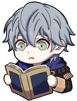 1boy absurdres ashe_ubert blue_hoodie book chibi chibi_only fire_emblem fire_emblem:_three_houses freckles garreg_mach_monastery_uniform green_eyes grey_hair highres holding holding_book hood hoodie male_focus nekomoni nintendo open_mouth solo sticker