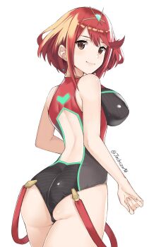 1girl ass back_cutout bare_shoulders breasts brown_eyes clothing_cutout competition_swimsuit earrings female_focus highres j@ck jewelry large_breasts looking_at_viewer looking_back nintendo one-piece_swimsuit pyra_(pro_swimmer)_(xenoblade) pyra_(xenoblade) red_hair ribbed_swimsuit short_hair smile solo star_(symbol) star_earrings swept_bangs swimsuit tiara twitter_username xenoblade_chronicles_(series) xenoblade_chronicles_2
