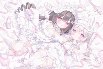 2girls animal_ears bare_shoulders black_hair blush bow breasts cellphone cross detached_sleeves dress drill_hair frilled_thigh_strap garter_straps hair_bow hair_ornament key kneehighs large_breasts long_hair looking_at_viewer lying multiple_girls omochi_monaka on_back on_side original phone pink_bow pink_eyes pink_ribbon purple_eyes rabbit_ears ribbon single_thighhigh socks thigh_strap thighhighs videocassette white_dress white_hair white_headdress white_socks