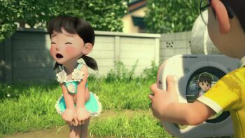 1boy 1girl 3d black_hair blue_skirt blush brown_eyes buttons camera closed_eyes covering_privates doraemon embarrassed flower glasses grass house midriff minamoto_shizuka multiple_views nobi_nobita open_mouth outdoors rose screencap short_hair short_twintails skirt skirt_tug tree twintails wall white_flower white_rose