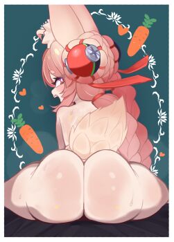 1girl ahoge animal_ear_fluff animal_ears ass braid braided_twintails bright_pupils carrot chinese_clothes dress from_behind furry furry_female green_background hair_ornament heart highres kyojiri_loli loli long_hair looking_at_viewer looking_back merge810 open_mouth pink_fur pink_hair rabbit_ears rabbit_girl rabbit_tail red_eyes screw short_eyebrows shoulder_blades sitting solo sphere_hair_ornament spread_legs steaming_body sweat tail thick_eyebrows white_pupils zenless_zone_zero zhao_(zenless_zone_zero)
