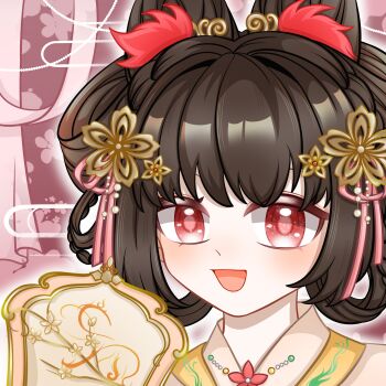 Rule 34 | 1girl, absurdres, beads, bow-shaped hair, brown hair, cherry blossoms, chinese clothes, chinese commentary, colored eyelashes, commentary request, curtains, double bun, feather hair ornament, feathers, floral background, flower, gossamer moonfairy (infinity nikki), hair beads, hair bun, hair flower, hair ornament, hair ribbon, hair rings, hand fan, hanfu, happy, highres, holding, holding fan, infinity nikki, jiaxue163, light blush, nikki (series), open mouth, outline, pink background, pink eyes, pink ribbon, ribbon, short hair, smile, solo, tuanshan, updo, upper body, white hanfu, white outline