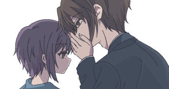 Rule 34 | 1boy, 1girl, blazer, blue sailor collar, brown eyes, brown hair, from behind, green jacket, highres, jacket, kita high school uniform, koizumi itsuki, long sleeves, nagato yuki, nanonome, purple hair, sailor collar, school uniform, serafuku, short hair, simple background, suzumiya haruhi no yuuutsu, whispering, white background, winter uniform