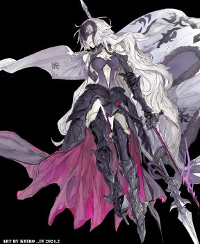 1girl absurdres armor armored_boots armored_dress banner bare_shoulders black_gloves boots breasts chain cleavage clothing_cutout commentary_request dress elbow_gloves fate/grand_order fate_(series) faulds flag full_body fur-trimmed_legwear fur_trim gauntlets gloves headpiece highres hiro_(user_negm3832) jeanne_d'arc_alter_(avenger)_(fate) jeanne_d'arc_alter_(avenger)_(third_ascension)_(fate) jeanne_d'arc_alter_(fate) la_grondement_du_haine large_breasts long_hair looking_at_viewer navel_cutout pale_skin partial_commentary plackart smile solo standard_bearer sword thighhighs very_long_hair weapon yellow_eyes