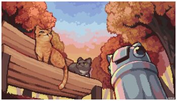alt_text animal animal_focus animated animated_gif bench border cat commentary commission english_commentary green_eyes highres lesma_(pixelesma) lying no_humans on_bench orange_cat original outdoors park park_bench pixel_art sitting sky sunset tabby_cat tail trash_can tree tuxedo_cat white_border wind