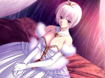 1girl bare_shoulders blush breasts cleavage dress dutch_angle elbow_gloves game_cg gloves gold_trim large_breasts lydia_(toriko_no_hime) m&amp;m_(mickey_and_mackey) on_bed pink_hair purple_eyes short_hair sitting tiara toriko_no_hime white_dress