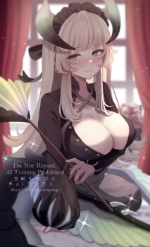 1girl arm_under_breasts artist_name beret black_bow black_dress black_tank_top blonde_hair blush bow breasts chamber_dragonmaid closed_mouth dragon_girl dragon_horns dragon_tail dragon_wings dress duel_monster duster feather_duster green_eyes hair_bow hat highres horns large_breasts long_hair long_sleeves looking_at_viewer low_wings maid maid_headdress maka_(user_rryf2748) open_clothes open_shirt puffy_long_sleeves puffy_sleeves sidelocks solo tail tank_top watermark wings yu-gi-oh!