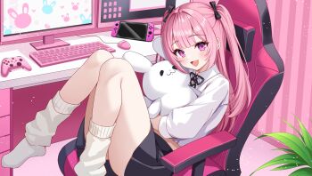 1girl black_bow black_ribbon bow collared_shirt hair_bow highres holding holding_stuffed_toy indie_virtual_youtuber indoors kneehighs knees_up long_sleeves loose_socks midriff neck_ribbon open_mouth pink_hair purple_eyes ribbon shirt sitting socks solo stuffed_animal stuffed_rabbit stuffed_toy sunamama4788 uzuki_chii virtual_youtuber white_shirt