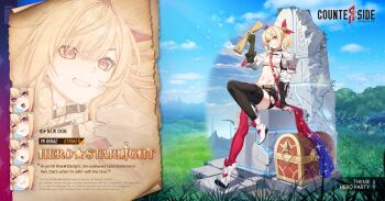 1girl :o ;p ^_^ ankle_boots arm_support armor asymmetrical_legwear belt between_breasts black_shorts black_sleeves black_thighhighs blonde_hair blue_sky boots breasts character_name closed_eyes cloud commentary copyright_name counter:side cross_scar elbow_pads english_commentary english_text full_body grass grasslands grin hand_up highres holding holding_map knee_up looking_at_viewer map mi_rinae mismatched_legwear mole mole_under_eye mountainous_horizon multicolored_hair multiple_expressions multiple_views nail_polish navel official_alternate_costume official_art one_eye_closed orange_eyes orange_hair pauldrons plant potion promotional_art red_thighhighs rock ruins scar short_shorts shorts shoulder_armor shrug_(clothing) side_ponytail single_elbow_pad single_pauldron sitting sky small_breasts smile star_(symbol) strap_between_breasts streaked_hair thighhighs tongue tongue_out torn_clothes torn_shorts treasure_chest v-shaped_eyebrows vines white_footwear