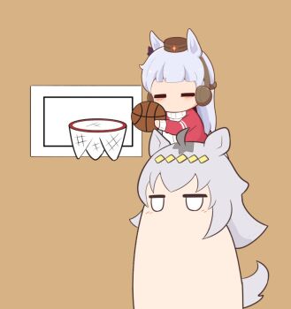 2girls ahoge animal_ears ball basketball basketball_(object) basketball_hoop blank_eyes blush_stickers brown_background brown_hat chibi closed_eyes commentary_request ear_covers gold_ship_(umamusume) gomashio_(goma_feet) grey_hair hat holding holding_ball horse_ears horse_girl horse_tail jacket jitome long_hair mini_hat multicolored_hair multiple_girls oguri_cap_(umamusume) red_jacket simple_background tail track_jacket two-tone_hair umamusume very_long_hair