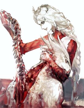 1boy 1girl arm_around_neck baldur&#039;s_gate baldur&#039;s_gate_3 blonde_hair blood bodysuit bone braid brother_and_sister closed_eyes colored_skin detached_sleeves dismemberment dragon_boy dragon_horns dungeons_&amp;_dragons exposed_muscle furry furry_male guro headpiece highres holding holding_bone horns long_hair low-braided_long_hair low-tied_long_hair orin_the_red red_bodysuit s_hadowyy siblings simple_background single_braid smile spinal_cord spine the_dark_urge_(baldur&#039;s_gate) upper_body white_background white_skin