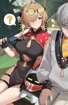 1boy 1girl 1other ? absurdres bangboo_(zenless_zone_zero) black_dress blonde_hair blush breasts china_dress chinese_clothes cleavage clothing_aside clothing_cutout commentary cutout_above_navel dress english_commentary eous_(zenless_zone_zero) eyewear_on_head fingerless_gloves gloves green_eyes grey_hair grey_pants grey_shirt haerge hair_ornament hair_over_one_eye hand_fan hand_on_own_leg highres holding holding_fan looking_at_another looking_to_the_side orange-tinted_eyewear pants pelvic_curtain pelvic_curtain_aside purple_eyes shirt single_fingerless_glove smile speech_bubble sunglasses sweat sweety_(zenless_zone_zero) thigh_strap tinted_eyewear underboob_cutout wise_(soaring_crane)_(zenless_zone_zero) wise_(zenless_zone_zero) yellow-tinted_eyewear zenless_zone_zero