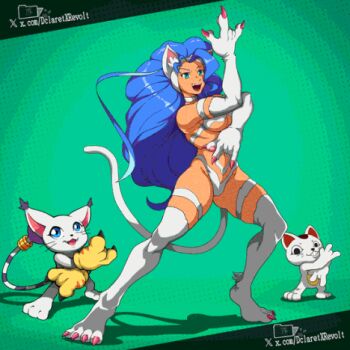 1girl animal_ears animal_hands blue_eyes blue_hair breasts cat_ears cat_girl cat_tail commentary crossover dandadan darkstalkers dclaret digimon english_commentary felicia_(darkstalkers) green_background jojo_no_kimyou_na_bouken jojo_pose killer_queen&#039;s_pose large_breasts long_hair lowres species_connection tail tailmon turbo_granny_(dandadan) white_fur