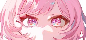 Rule 34 | 1girl, commentary, cyrene (demiurge) (honkai: star rail), cyrene (honkai: star rail), diamond-shaped pupils, diamond (shape), eye focus, highres, honkai: star rail, honkai (series), looking at viewer, maomavika, pink hair, purple eyes, simple background, solo, symbol-shaped pupils, untranslatable commentary, white background