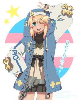 1boy :d ;d androgyne_symbol aqua_eyes arm_up belt black_skirt blonde_hair blue_jacket border bridget_(guilty_gear) chain character_name clothes_writing commentary_request cowboy_shot crossdressing crossdressing_(mtf) double-parted_bangs drawstring fingerless_gloves fingernails flag_background gloves grey_belt guilty_gear guilty_gear_strive hair_between_eyes hand_on_own_hip highres hood hood_up hooded_jacket jacket long_sleeves looking_at_viewer medium_hair miniskirt multicolored_gloves one_eye_closed open_clothes open_jacket open_mouth outside_border pleated_skirt puffy_long_sleeves puffy_sleeves raglan_sleeves shirt sidelocks simple_background skirt smile solo standing star_(symbol) star_symbol_background straight-on tareme teeth tondabayashi_koori tongue transgender_flag trap twitter_username two-sided_gloves two-tone_gloves upper_teeth_only v watermark white_border white_gloves white_sleeves yellow_shirt