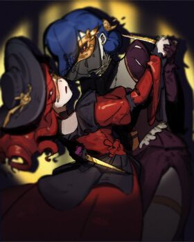 2girls alternate_costume alternate_hairstyle blue_hair curly_hair dancing dress earrings frilled_dress frills gloves hat holding holding_knife holding_weapon jewelry juliet_sleeves knife lipstick long_hair long_sleeves looking_at_another makeup mask multiple_girls parasoul_(skullgirls) puffy_sleeves red_eyes red_hair red_lips side_slit skullgirls thigh_strap upper_body valentine_(skullgirls) veil weapon