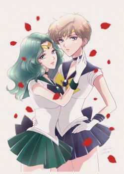 aqua_hair aqua_sailor_collar aqua_skirt back_bow bishoujo_senshi_sailor_moon blonde_hair blue_bow blue_bowtie blue_choker blue_eyes blue_sailor_collar blue_skirt bow bowtie brooch choker circlet earrings falling_petals gloves highres jewelry kaiou_michiru lips long_hair looking_at_viewer parted_bangs petals pleated_skirt sailor_collar sailor_neptune sailor_senshi_uniform sailor_uranus short_hair skirt smile ten&#039;ou_haruka white_gloves y-yazaki2406 yellow_bow yellow_bowtie