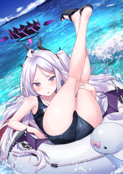 1girl absurdres ahoge ass bare_arms bare_legs bare_shoulders black_halo black_horns black_sandals blue_archive blue_one-piece_swimsuit blue_sky blush cameltoe closed_mouth cloud commentary_request day demon_girl demon_horns demon_wings dot_nose feet forehead furrowed_brow hair_ornament hairclip halo hand_on_own_leg highres hina_(blue_archive) hina_(swimsuit)_(blue_archive) horns innertube kneepits legs_up light_blush loli long_hair looking_at_viewer low_wings maebari mini_wings multiple_horns name_tag ocean official_alternate_costume old_school_swimsuit on_innertube on_water one-piece_swimsuit one_side_up outdoors parted_bangs purple_eyes purple_wings sandals school_swimsuit side_ponytail sky soles solo swim_ring swimsuit tenkuu_nozora thighs toes very_long_hair water wavy_hair wet white_hair white_innertube wings