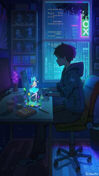 1boy 1girl absurdly_detailed_composition animal_ears aqua_hair aqua_skirt blue_hoodie book bookshelf brown_hair cat_ears cat_girl cellphone chair city_lights commentary_request computer cup figure film_grain highres hood hoodie indoors laptop lava_lamp loaded_interior long_hair male_focus mini_person minigirl monitor night original pants pasoputi pencil phone ponytail puffy_sleeves rain scenery short_hair short_sleeves sitting skirt smartphone swivel_chair typing watch white_footwear window wristwatch