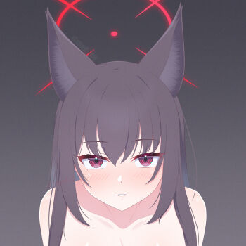 1girl animal_ear_fluff animal_ears blue_archive blush brown_hair collarbone commentary english_commentary eyelashes film_grain fox_ears fox_girl grey_background hair_between_eyes halo heart heart_in_eye highres long_hair looking_at_viewer madoka_(user_zrnk8278) parted_lips portrait red_eyes red_halo simple_background smile solo straight-on straight_hair symbol_in_eye tsurime yukino_(blue_archive)