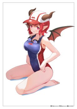 Rule 34 | 1girl, demon girl, feet, female focus, goggles, hat, highres, horns, lifeguard, lifeguard yuze, looking at viewer, purple eyes, red hair, short hair, simple background, swim goggles, swimsuit, thick thighs, thighs, wet, wet clothes, wet swimsuit, wings