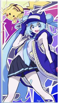 1girl 1other absurdres aqua_hair aqua_necktie aqua_trim bandaid bandaid_on_leg black_skirt blue_eyes double_bun gen_1_pokemon gloves grey_shirt hair_between_eyes hair_bun hat hatsune_miku highres holding holding_poke_ball jacket long_hair mirai_donna_darou_(vocaloid) necktie nintendo official_alternate_costume official_alternate_hairstyle open_mouth partially_fingerless_gloves pikachu pleated_skirt poke_ball pokemon pokemon_(creature) project_voltage purple_gloves purple_jacket rooru_kyaabetsu shirt shorts shorts_under_skirt skirt sleeveless sleeveless_shirt smile twintails very_long_hair vocaloid
