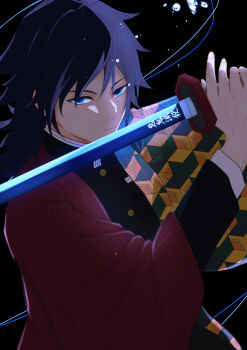 1boy absurdres black_background black_hair black_jacket blue_eyes buttons chiu_sv closed_mouth commentary_request demon_slayer_uniform empty_eyes gold_buttons hair_between_eyes haori high_collar highres holding holding_sword holding_weapon jacket japanese_clothes katana kikkoumon kimetsu_no_yaiba long_hair looking_at_viewer low_ponytail male_focus ponytail print_haori red_haori solo spiked_hair sword tomioka_giyuu weapon