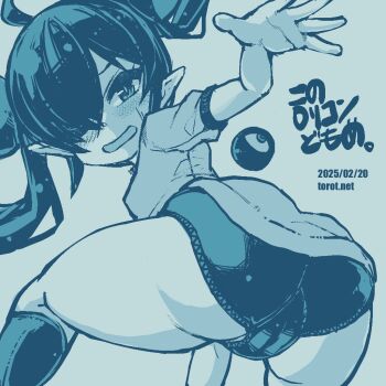 1girl ahoge ass ass_focus backbeako_(torotei) backbeard blue_background blue_theme blush breasts buruma commentary dated dated_commentary from_behind gegege_no_kitarou gym_shirt gym_uniform hair_over_one_eye hair_ribbon kono_lolicon_domome loli long_hair looking_at_viewer looking_back monochrome one_eye_closed open_mouth original outstretched_arm paid_reward_available pointy_ears ribbon shirt short_sleeves simple_background small_breasts socks solo sweatdrop torotei translated twintails watermark web_address