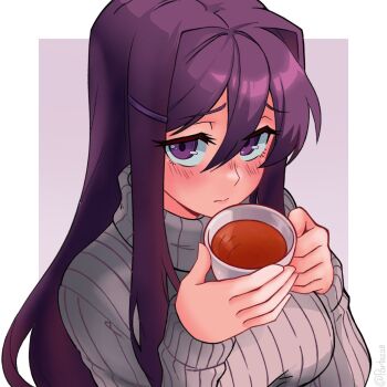 1girl blush border breasts cup doki_doki_literature_club hair_between_eyes hair_ornament hairclip hashtag-only_commentary highres holding holding_cup large_breasts long_hair looking_at_viewer outside_border parta_228 purple_background purple_eyes purple_hair solo sweater teacup turtleneck turtleneck_sweater white_border yuri_(doki_doki_literature_club)