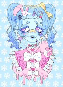 1girl bandaid bandaid_on_face bandaid_on_hand bandaid_on_nose blue_background blue_eyes blue_hair blue_skin blush bow buttons choker collar colored_skin cropped_shoulders dripping earrings eyebrow_piercing face_piercing fingerless_gloves frostbite ghoulkiss gloves hair_bow hair_ornament heart heart-shaped_pupils heart_button heart_hair_ornament highres jewelry liquid monster_girl open_mouth original pastel_colors patterned_background piercing pink_bow pink_choker pink_collar pink_gloves pink_pupils pink_scrunchie portrait purple_eyes purple_nails rabbit_hair_ornament scrunchie severed_hand smile snowflake_hair_ornament snowflake_print solo sparkle symbol-shaped_pupils teeth twintails white_bow yami_kawaii yellow_bow