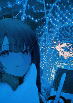Rule 34 | 1girl, absurdres, blue theme, closed mouth, dark, dim lighting, hair between eyes, half-closed eyes, highres, illumination, looking at viewer, night, original, outdoors, ponta (matsuokazieg), portrait, scarf, scenery, smile, solo, swept bangs
