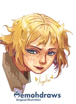 1girl absurdres angel anime_coloring bad_tag blonde_hair blue_eyes commission demon demon_girl demon_horns highres horns looking_at_viewer memohdraws messy_hair non-web_source original painting_(medium) patreon_username pink_lips pixiv_commission traditional_media