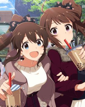 2girls ahoge anime_coloring belt belt_buckle black_belt black_bow black_shirt blue_eyes blunt_bangs blush bow bow_earrings brown_hair buckle building buttons coat cup diffraction_spikes disposable_cup dot_nose double-parted_bangs drill_hair drill_ponytail drink drinking drinking_straw drinking_straw_in_mouth earrings floral_print flower fur-trimmed_coat fur_trim game_cg hair_bow hair_ornament high_ponytail high_side_ponytail holding holding_drink idolmaster idolmaster_million_live! idolmaster_million_live!_theater_days jacket jewelry leaf locked_arms long_hair looking_at_viewer medium_hair multiple_girls official_art open_clothes open_coat open_mouth outdoors pink_flower pink_jacket pink_rose plaid_clothes plaid_skirt pleated_skirt ponytail print_bow purple_eyes red_coat rose satake_minako shirt side_drill side_ponytail sidelocks skirt smile sparkle standing sunlight sweater third-party_source tree white_skirt white_sweater yokoyama_nao