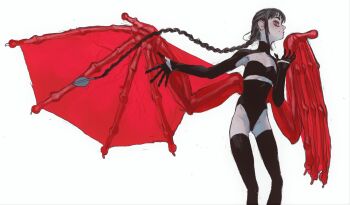 1girl absurdly_long_hair black_bra black_gloves black_hair black_leotard black_thighhighs body_freckles bra braid closed_mouth fingernails freckles gloves hand_up highres leotard long_fingernails long_hair looking_at_viewer mossacannibalis original palgan_gaguri profile red_eyes sharp_fingernails shrug_(clothing) sideways_glance smile solo spread_wings standing strapless strapless_bra thighhighs turtleneck underwear very_long_hair