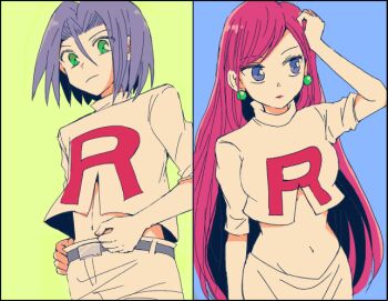 1boy 1girl atsumi_yoshioka belt belt_buckle blue_eyes blue_hair buckle closed_mouth commentary_request earrings eyelashes frown green_eyes grey_belt hair_between_eyes jacket james_(pokemon) jessie_(pokemon) jewelry lipstick logo long_hair looking_down looking_to_the_side makeup navel nintendo pants pokemon pokemon_(anime) short_hair skirt split_screen team_rocket team_rocket_uniform white_jacket white_pants white_skirt