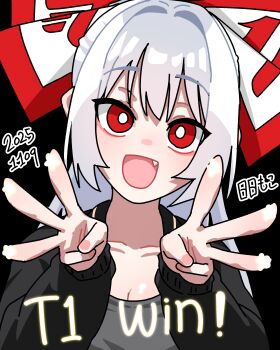 1girl :d absurdres alternate_costume black_background black_jacket bow bright_pupils collarbone commentary_request dated double_middle_w fang fujiwara_no_mokou grey_hair grey_shirt hair_bow highres jacket long_hair middle_w neophyte open_mouth raised_eyebrows red_bow red_eyes shirt simple_background smile solo star_(symbol) touhou upper_body w white_bow white_pupils