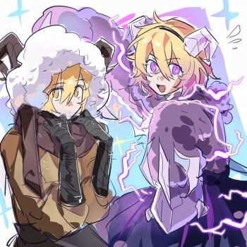 2girls arm_wrap blonde_hair brown_coat claws coat commentary don_quixote_(project_moon) dress electricity gradient_hair heishou_pack-wei_branch_(identity)_(project_moon) highres horns limbus_company multicolored_hair multiple_girls open_mouth project_moon purple_dress purple_eyes purple_hair sheep_horns smile sparkle symbol-only_commentary upper_body wrong5166 yellow_eyes