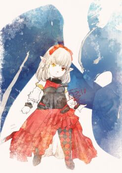 1girl argyle_clothes argyle_pantyhose bodice commentary_request copyright_name detached_sleeves dress final_fantasy final_fantasy_xiv grey_hair griffin hair_ribbon head_tilt heterochromia lalafell medium_hair pagaga_vochstein pointy_ears red_dress red_eyes red_ribbon ribbon ruka_(blueplus84) simple_background white_background white_sleeves yellow_eyes