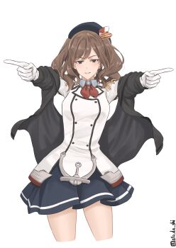 Rule 34 | 1girl, absurdres, atodashi, beret, breasts, buttons, commentary request, cosplay, cowboy shot, double-breasted, epaulettes, frills, gloves, grey skirt, hat, highres, jacket, kantai collection, kashima (kancolle), kashima (kancolle) (cosplay), long hair, long sleeves, looking at viewer, military, military jacket, military uniform, miniskirt, neckerchief, pleated skirt, real life, red neckerchief, skirt, smile, solo, twitter username, white background, white gloves, white jacket