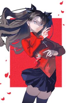 Rule 34 | 1girl, black ribbon, black skirt, black thighhighs, blue eyes, border, closed mouth, command spell, commentary request, fate/stay night, fate (series), floating hair, hair ribbon, holding, jewelry, long hair, long sleeves, looking at viewer, miniskirt, outside border, parted bangs, pendant, petals, pleated skirt, red background, red sweater, ribbon, simple background, skirt, solo, sweater, thighhighs, tohsaka rin, turtleneck, turtleneck sweater, two side up, ubwmitekure, white border