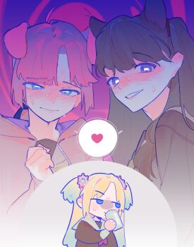 3girls animal_ears anyoji_hime black_ribbon blonde_hair blue_hair blush brown_dress brown_hair cat_ears closed_mouth commentary dog_ears dress drinking flower fujishima_megumi gradient_hair grin hair_flower hair_ornament hair_ribbon half-closed_eyes hasu_no_sora_school_uniform heart highres hood hooded_jacket in_heat jacket kemonomimi_mode link!_like!_love_live! long_hair long_sleeves love_live! mira-cra_park! multicolored_hair multiple_girls nervous_sweating nose_blush open_clothes open_jacket osawa_rurino parted_bangs pink_flower pink_hair pink_jacket pipi_(m1x_mix) ponytail purple_eyes ribbon sailor_collar sailor_dress school_uniform shared_speech_bubble smile speech_bubble spoken_heart sweat symbol-only_commentary twintails two_side_up virtual_youtuber white_sailor_collar winter_uniform