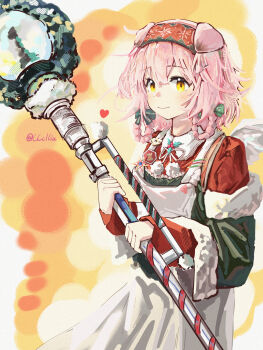 1girl absurdres animal_ears arknights closed_mouth commentary cowboy_shot english_commentary fur_trim goldenglow_(arknights) goldenglow_(maiden_for_the_bright_night)_(arknights) green_hairband hair_between_eyes hairband heart highres holding holding_staff layered_sleeves long_sleeves looking_at_viewer official_alternate_costume pink_hair red_hairband red_shirt sakuratani_hane shirt short_hair sketch skirt smile solo staff standing twitter_username white_skirt yellow_background yellow_eyes