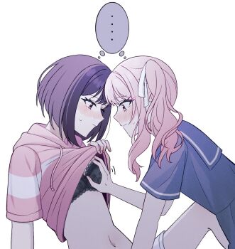 ... 2girls akiyama_mizuki black_bra blue_shirt blush bob_cut bra brown_hair clothes_lift commentary hair_ribbon hand_on_another&#039;s_chest highres hood hoodie lace lace_bra long_hair multiple_girls mutu_(25love) navel other_with_female pink_hair pink_hoodie project_sekai ribbon shinonome_ena shirt shirt_lift short_hair short_sleeves side_ponytail simple_background sitting small_sweatdrop symbol-only_commentary underwear white_background white_ribbon yuri