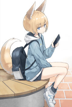 1girl animal_ear_fluff animal_ears backpack bag black_shorts black_socks blonde_hair blue_eyes blue_hoodie brick_floor bright_pupils cellphone commentary_request fox_ears fox_girl fox_tail full_body highres holding holding_phone hood hood_down hoodie long_sleeves looking_at_viewer original parted_lips phone poco_(asahi_age) shoes short_hair shorts simple_background sitting smartphone sneakers socks solo tail white_background white_pupils white_shoes