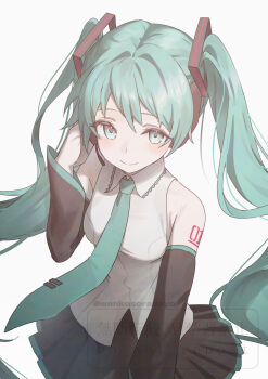 1girl aqua_hair aqua_necktie bare_shoulders black_skirt black_sleeves blue_eyes breasts closed_mouth collared_shirt commentary_request cowboy_shot detached_sleeves frilled_shirt_collar frills hair_ornament hand_on_headset hatsune_miku headset highres long_hair looking_at_viewer medium_breasts necktie number_tattoo pleated_skirt shirt shoulder_tattoo simple_background skirt sleeveless sleeveless_shirt smile solo standing tattoo tie_clip twintails twitter_username very_long_hair vocaloid wanko_sora watermark white_background white_shirt wing_collar