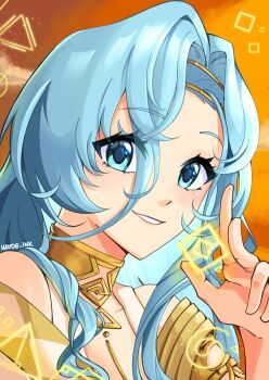 Rule 34 | 1girl, 37 (reverse:1999), ancient greek clothes, armlet, bare shoulders, blue eyes, blue hair, geometry, gold choker, greco-roman clothes, grin, hair between eyes, hand up, hayde ink, jewelry, long hair, looking at viewer, math, orange background, portrait, reverse:1999, smile, solo, triangle